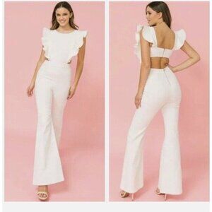 Jealous Tomato Denim Women’s Jumpsuit Sz lg Flared Leg Cut Out Top Ruffles White